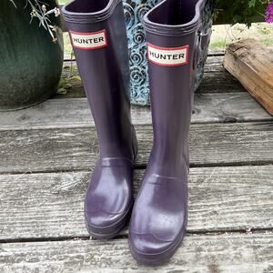 HUNTER Girls Youth Sz 3 Purple Glossy Original Tall Buckle Waterproof Rain Boots